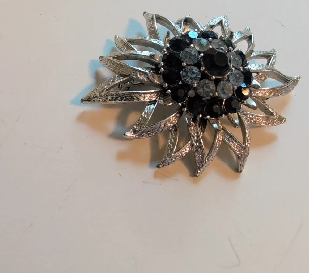 Vintage Signed Cora Silver Floral Crystal Brooch